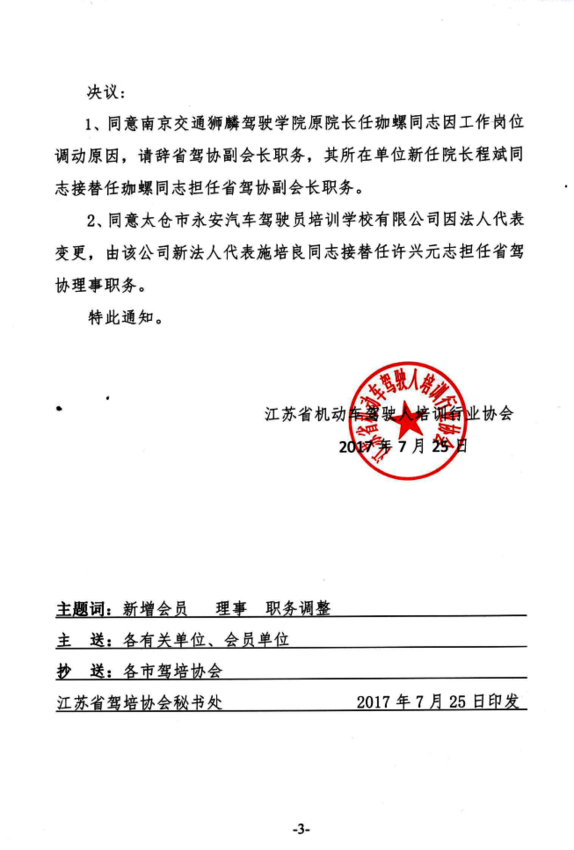 关于同意新增省驾协会员单位、理事单位的名单及部分职务调整的决议3